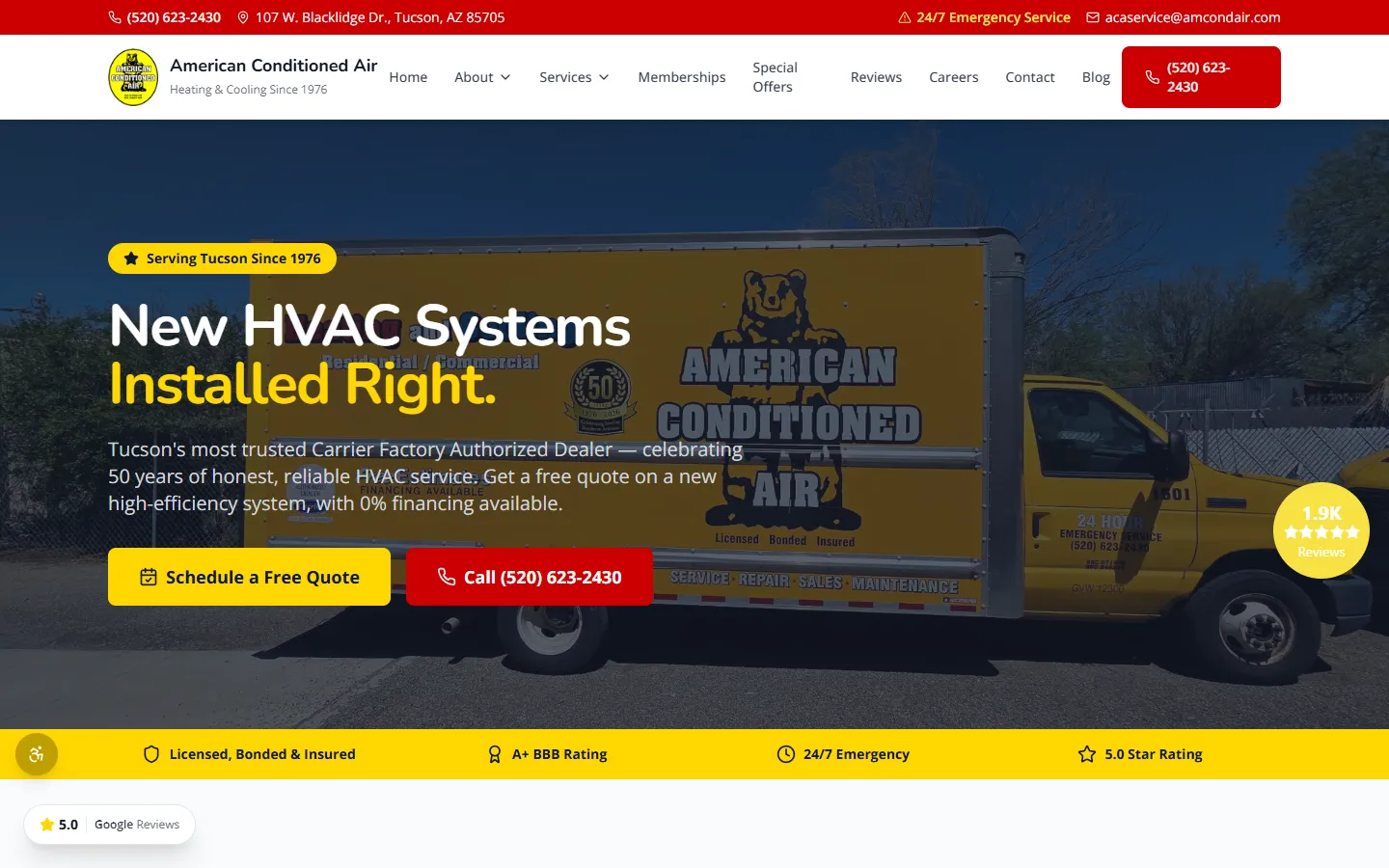American Conditioned Air homepage after the rebuild, desktop view