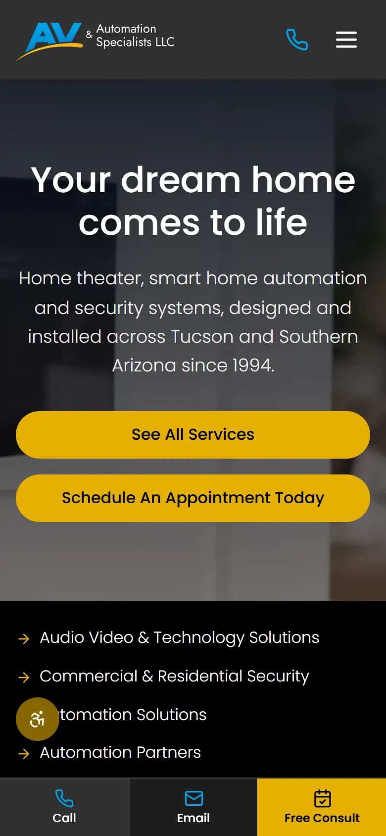 AV & Automation Specialists homepage after the rebuild on a phone