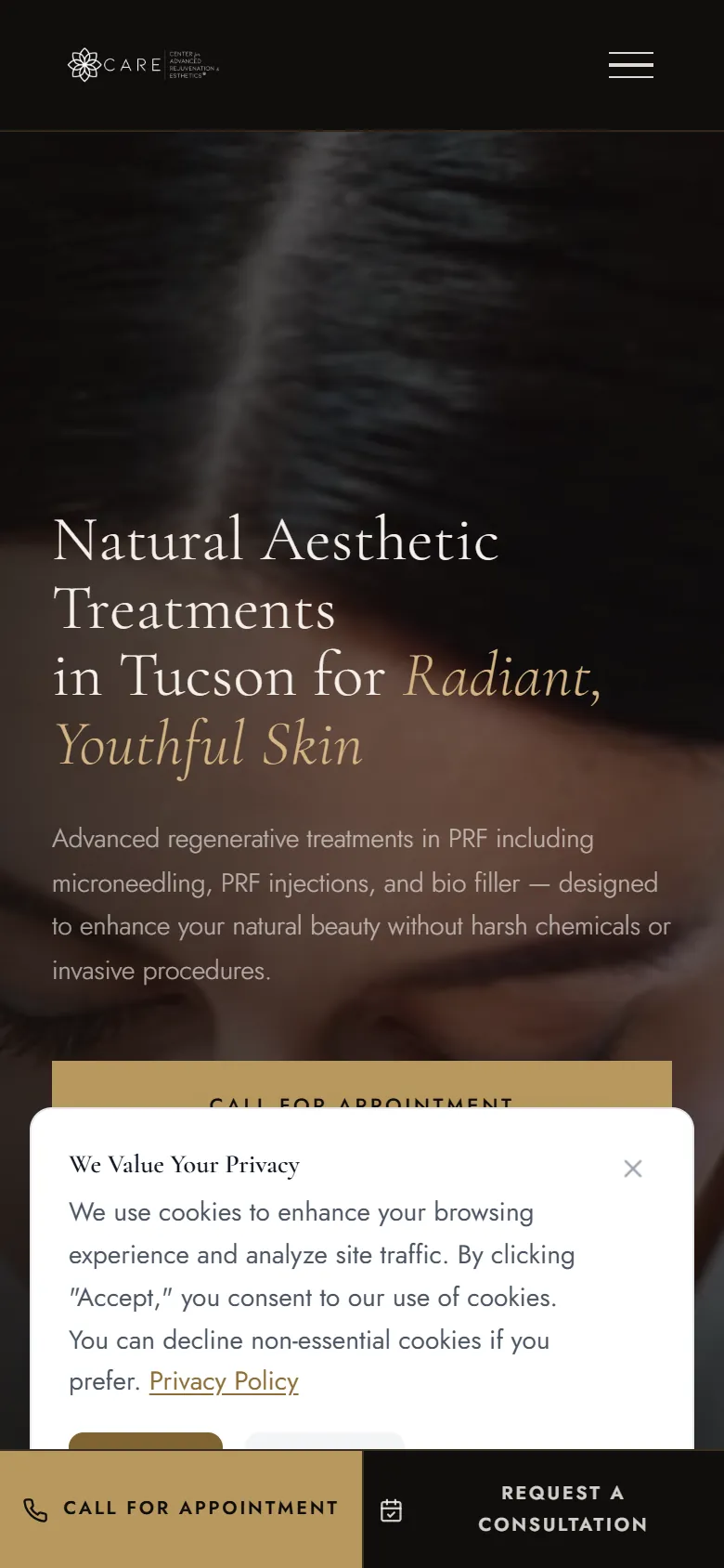 CARE Esthetics Tucson homepage after the rebuild on a phone