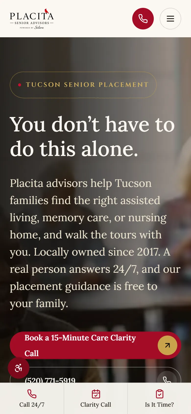 Placita Senior Advisors homepage after the rebuild on a phone