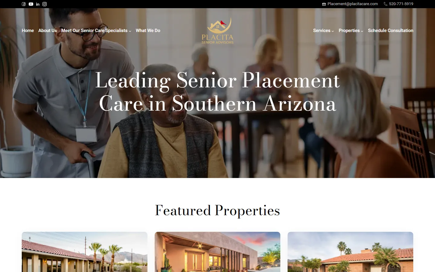 The old Placita Senior Advisors WordPress homepage, desktop view