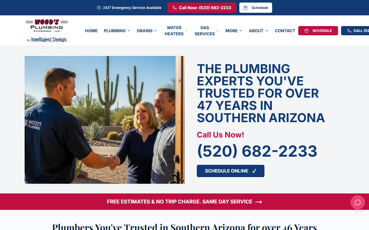 Wood’s Plumbing homepage after the rebuild, desktop view