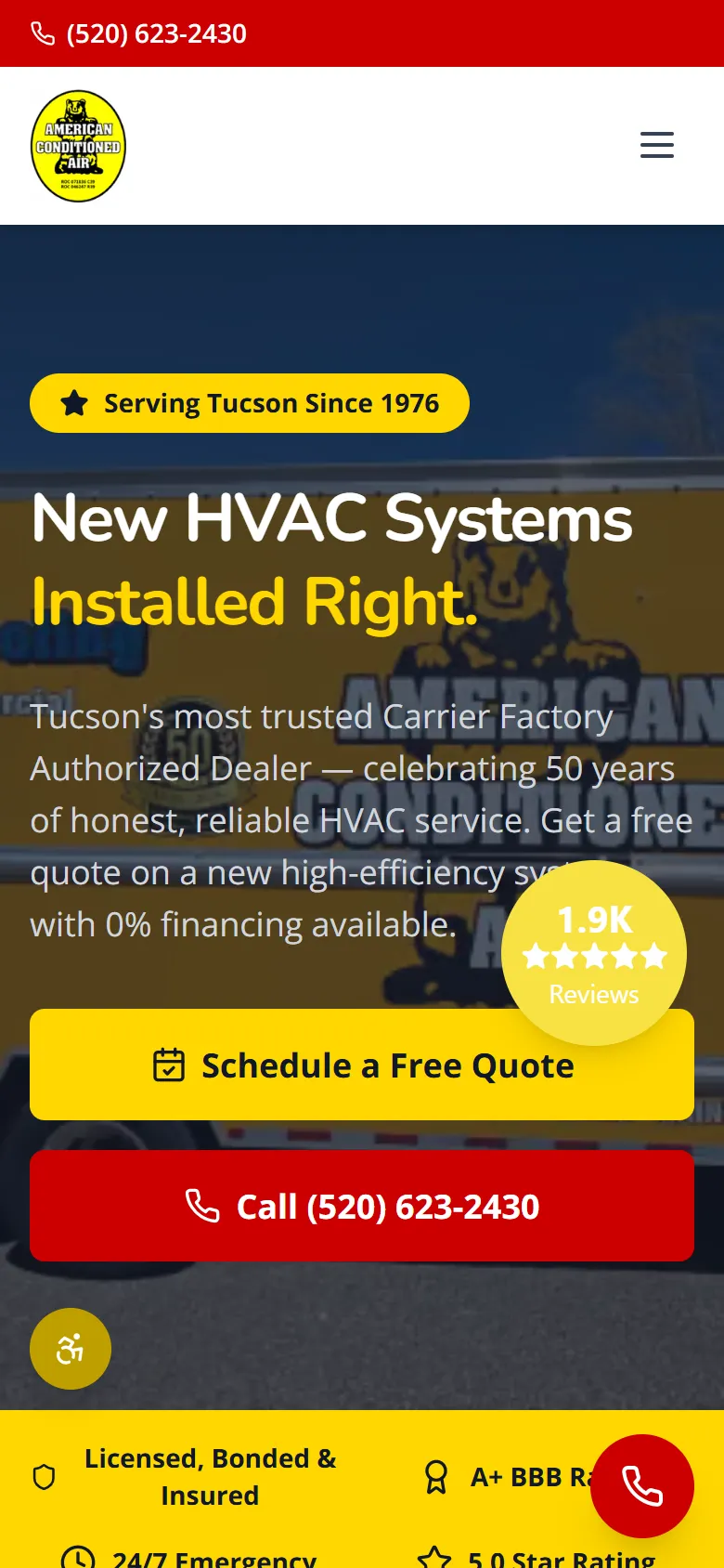 American Conditioned Air homepage after the rebuild on a phone