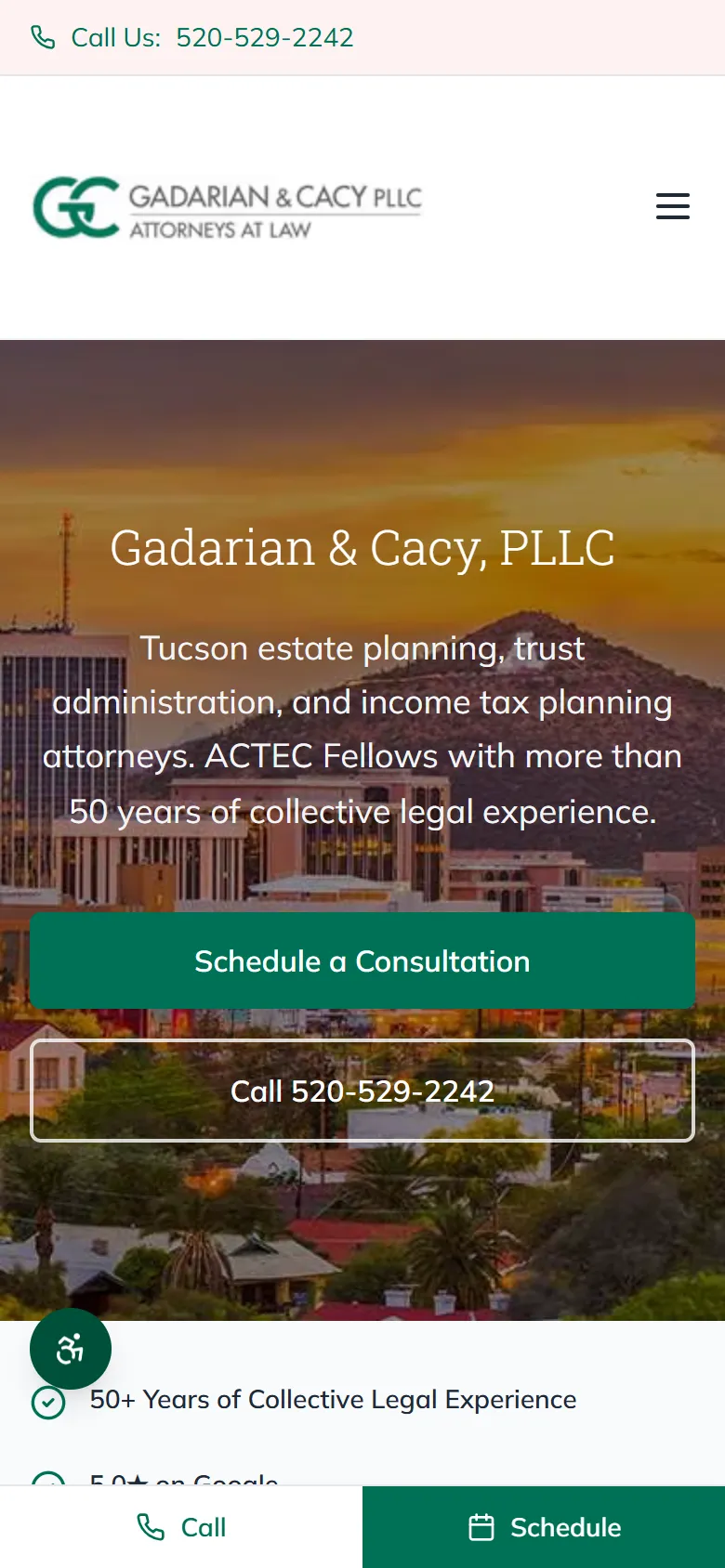 Gadarian & Cacy homepage after the rebuild on a phone