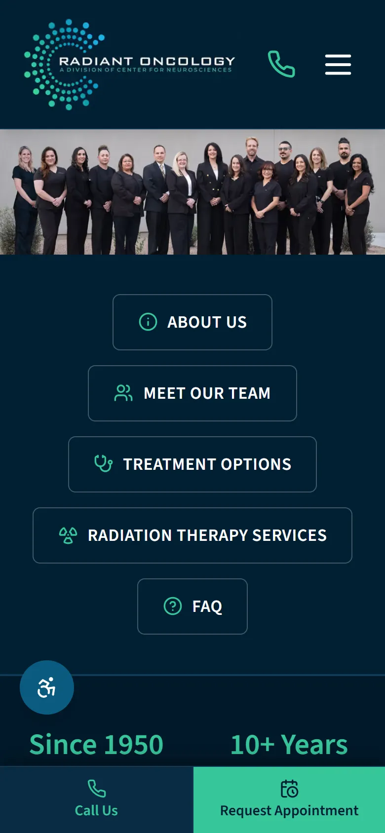 Radiant Oncology homepage after the rebuild on a phone
